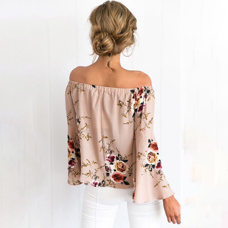 Off Shoulder Flower Print Long Trumpet Sleeves Loose Blouse