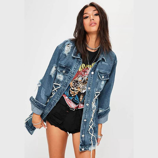 Ripped Denim Lace Up Shirt Jacket