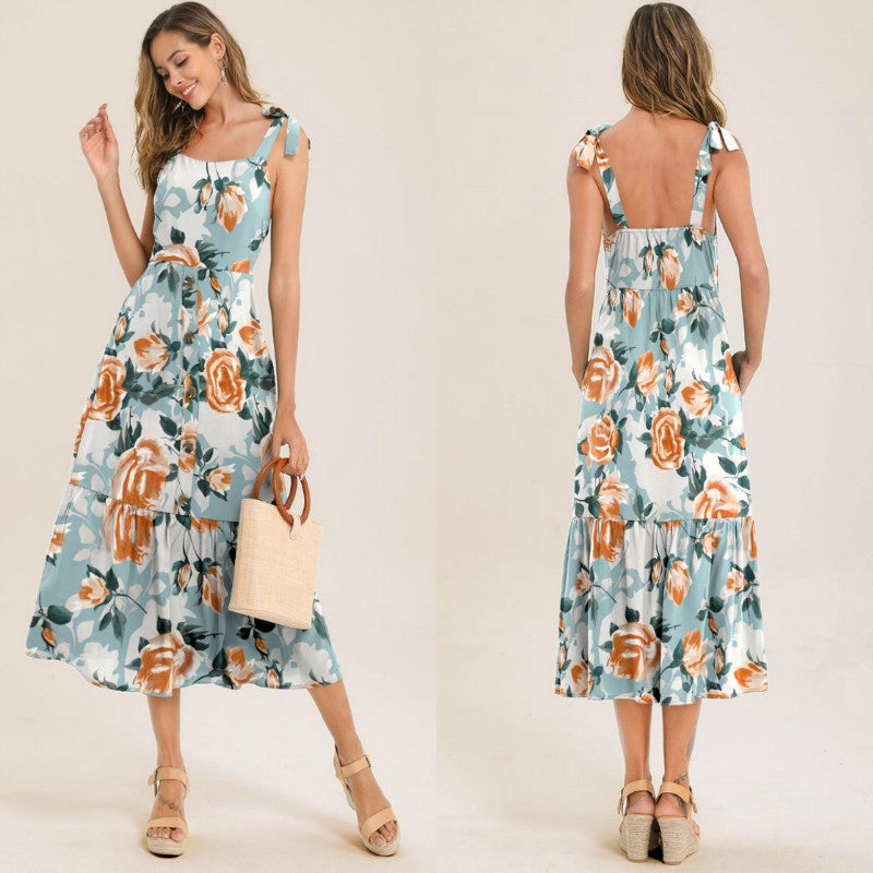 Tight Floral Strap A Line Long Dress