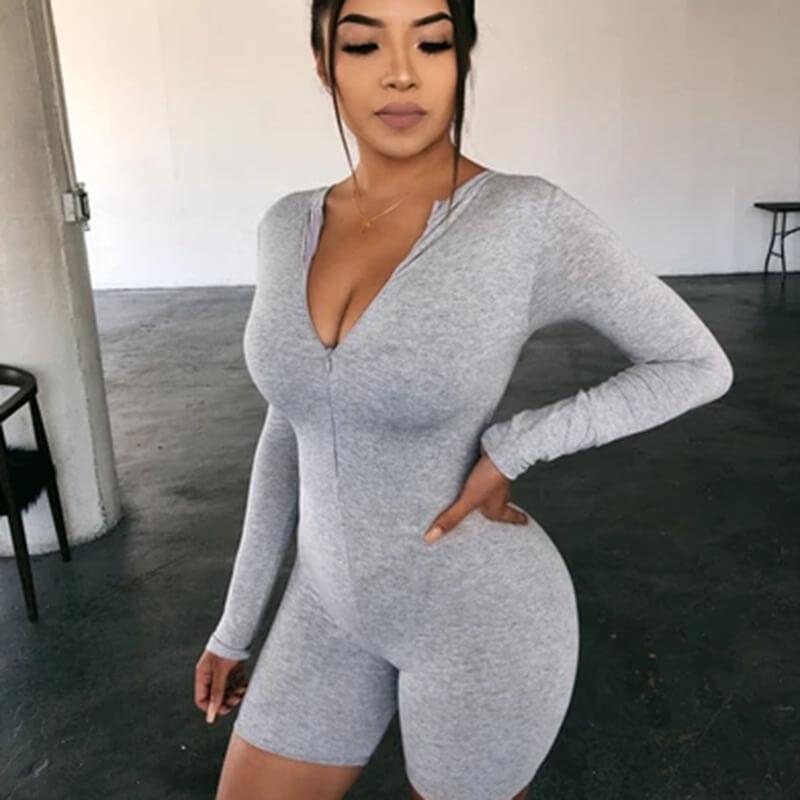 Sexy Long Sleeves Bodycon O Neck Zipper Rompers