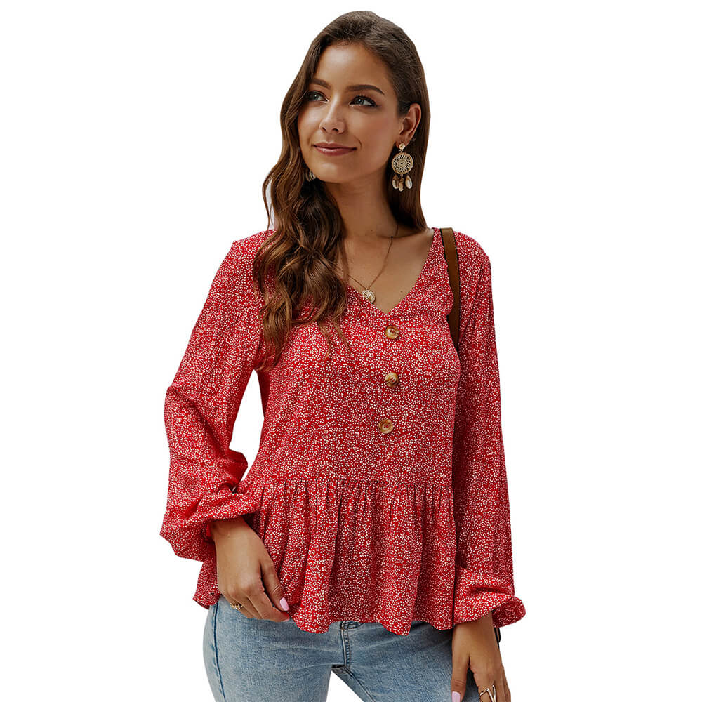 Print V-neck Loose Blouse