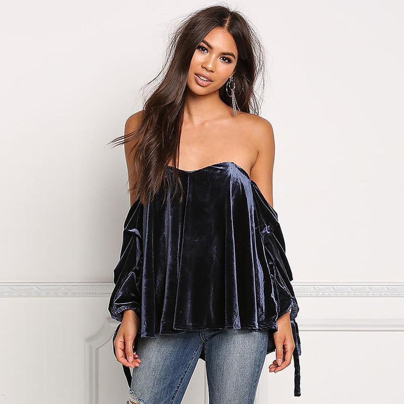 Velvet Strapless Long Straps Sleeves Loose Blouse