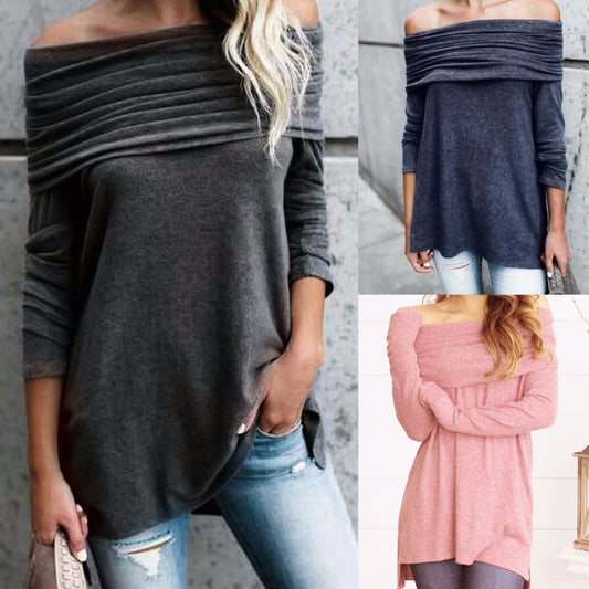 Loose Off Shoulder Pure Color Long Sleeves Irregular T-shirt