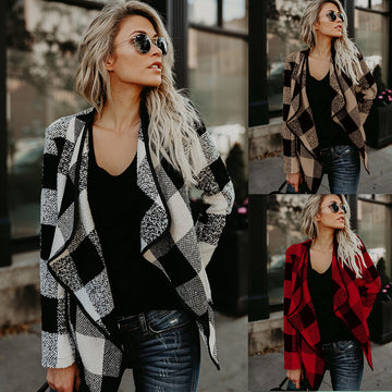 Plaid Lapel Loose Color Block Irregular Short Cardigan Coat