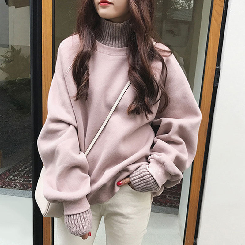 Korean Turtleneck Knit Splice Oversize Sweatshirt