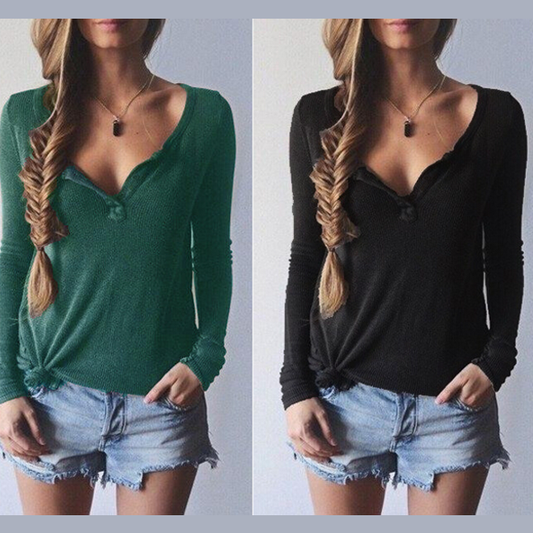 Clearance Ribbed Knit V-neck Pure Color Long Sleeves Sweater