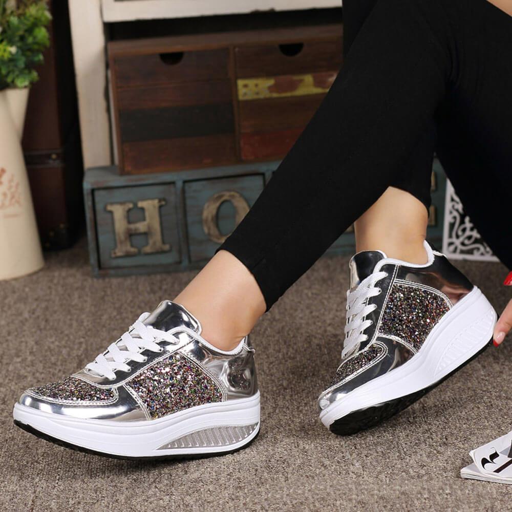 Wedge Glitter Lace Up Chunky Sneakers