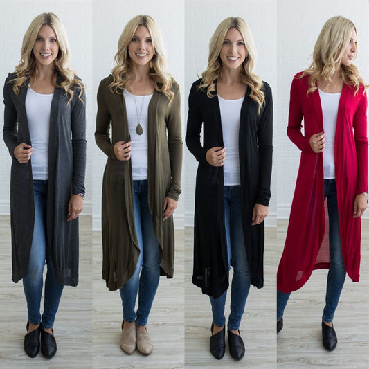 Pure Color Hooded Cardigan Long Sleeves Slim Long Outwear