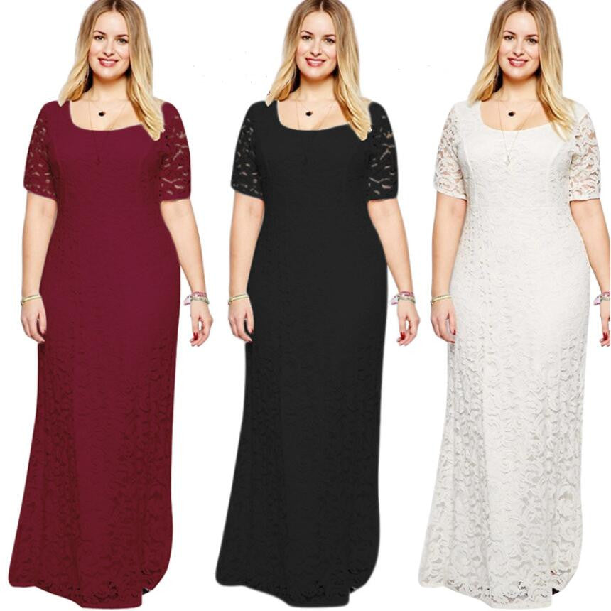 Plus Size Elegant Short Sleeve Lace Long Dress
