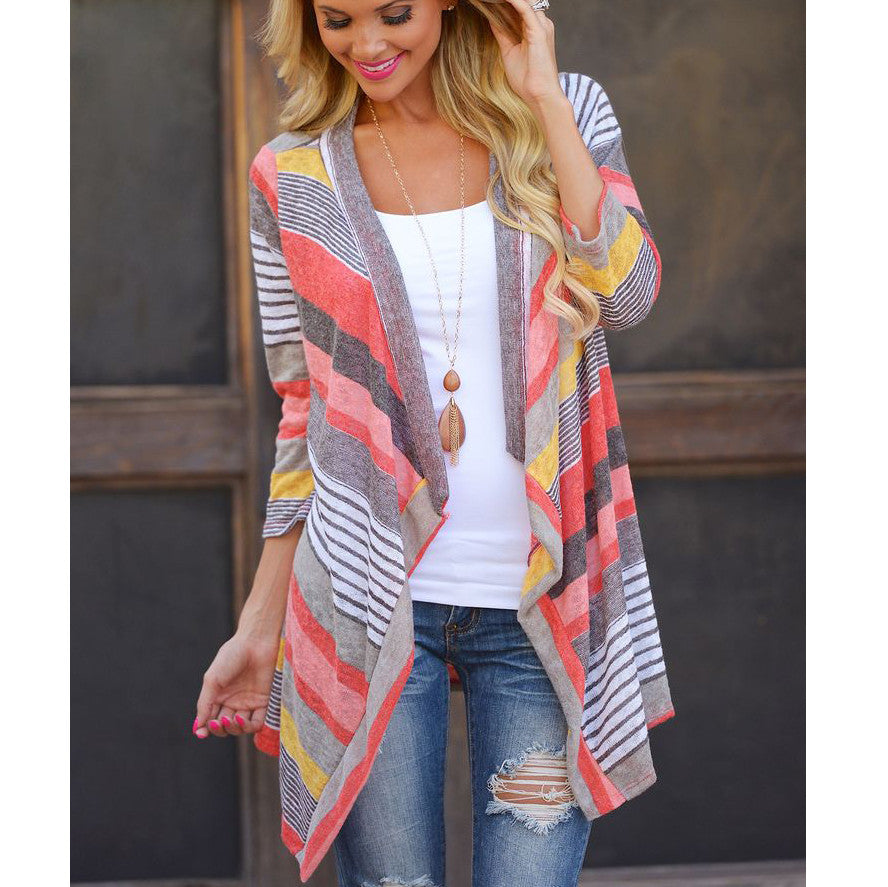 Stripes Long Sleeves V-neck Irregular Cardigan