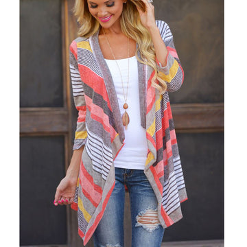 Stripes Long Sleeves V-neck Irregular Cardigan