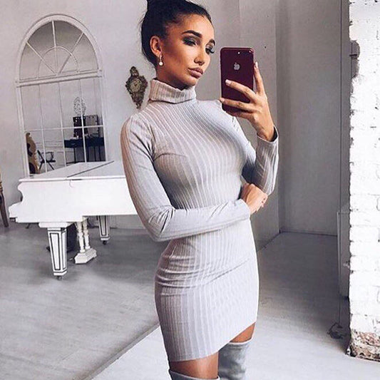 Simple Solid Color Turtleneck Slim Women Pullover Sweater Dress