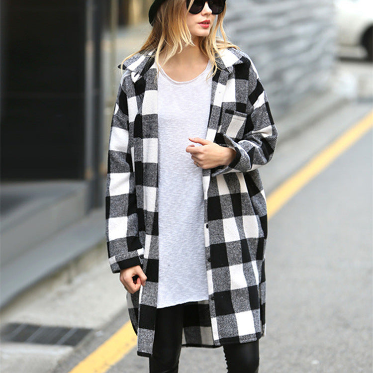 Plaid Button Loose Long Blouse