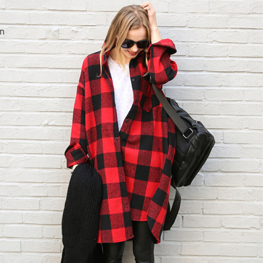 Plaid Button Loose Long Blouse