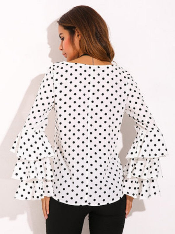 Polka Dot Long Trumpet Sleeves Chiffon Blouse