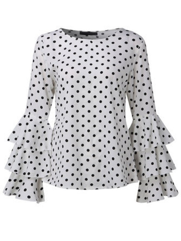 Polka Dot Long Trumpet Sleeves Chiffon Blouse