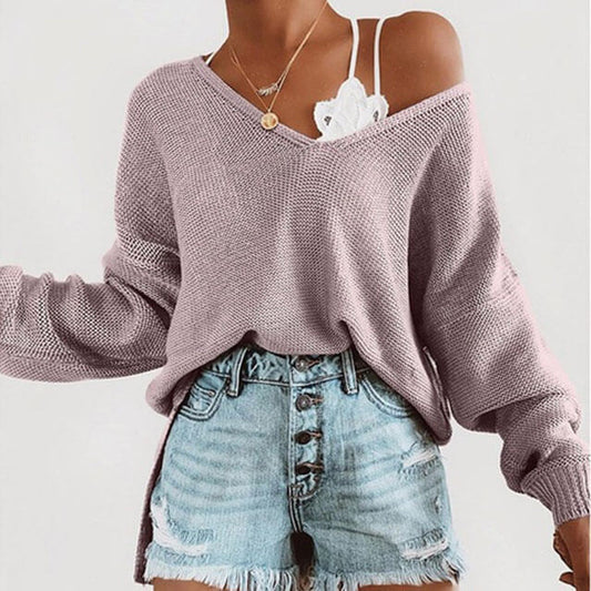 Oversized Pure Color V Neck Knit Top