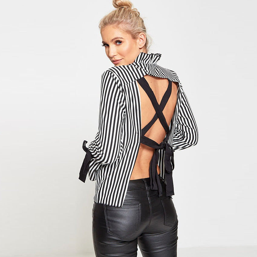 High Neck Stripe Open Back Loose Blouse