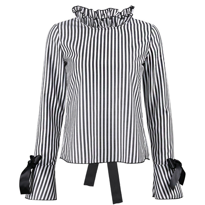 High Neck Stripe Open Back Loose Blouse