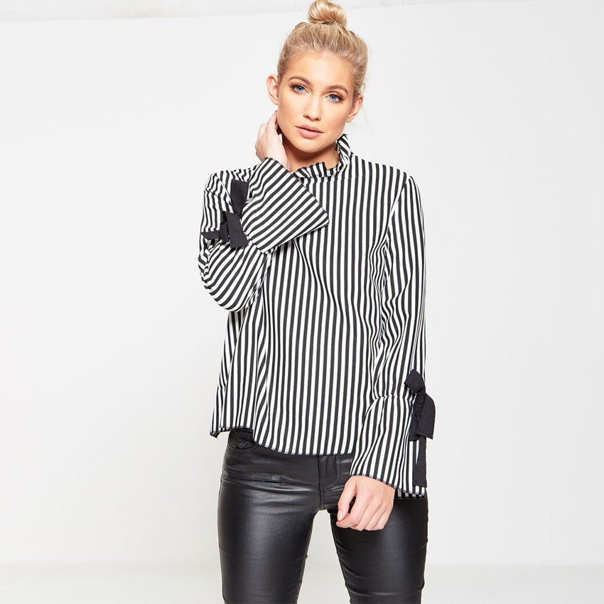 High Neck Stripe Open Back Loose Blouse