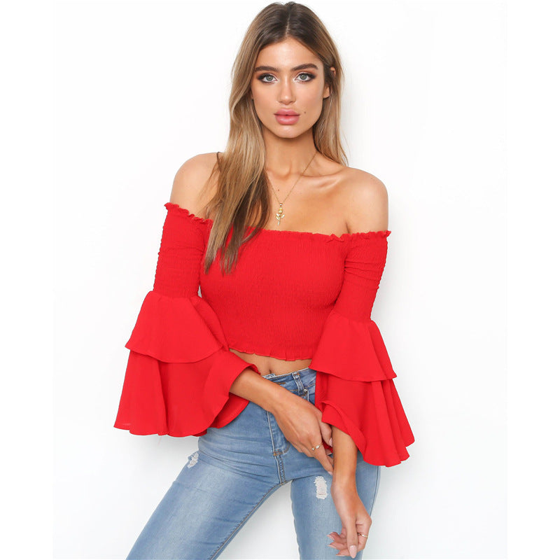 Ruffle Off Shoulder Pure Color Long Trumpet Sleeves Women Short Crop Top