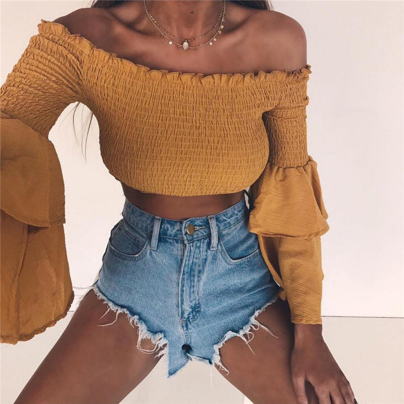 Ruffle Off Shoulder Pure Color Long Trumpet Sleeves Women Short Crop Top