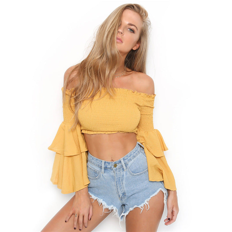 Ruffle Off Shoulder Pure Color Long Trumpet Sleeves Women Short Crop Top