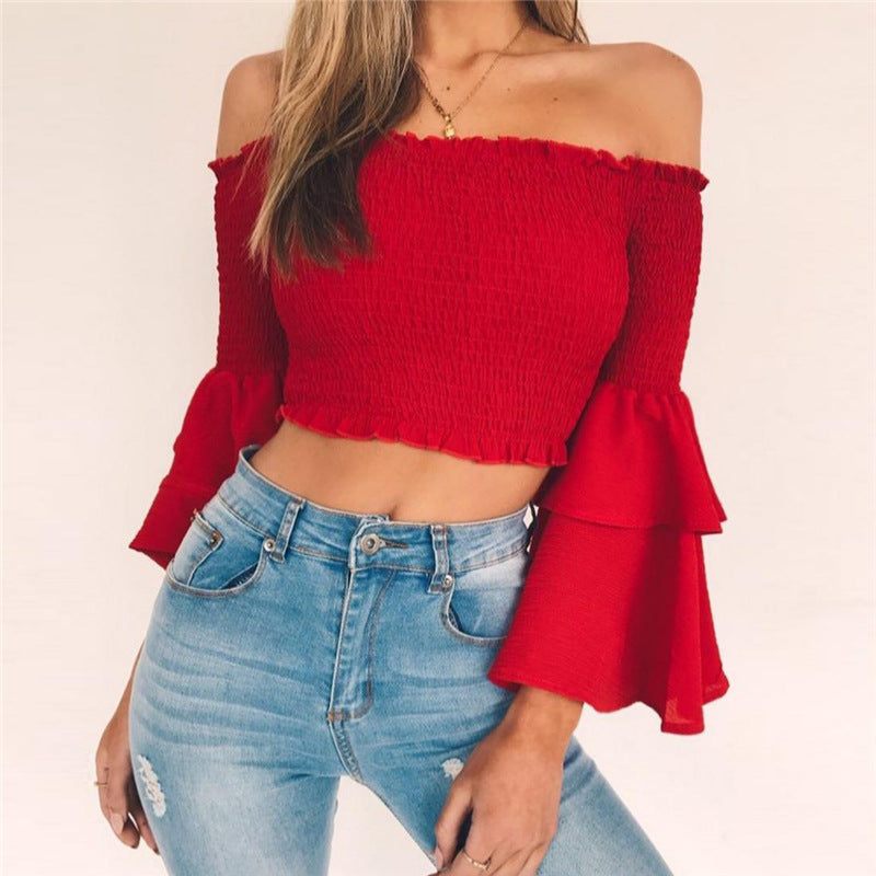 Ruffle Off Shoulder Pure Color Long Trumpet Sleeves Women Short Crop Top