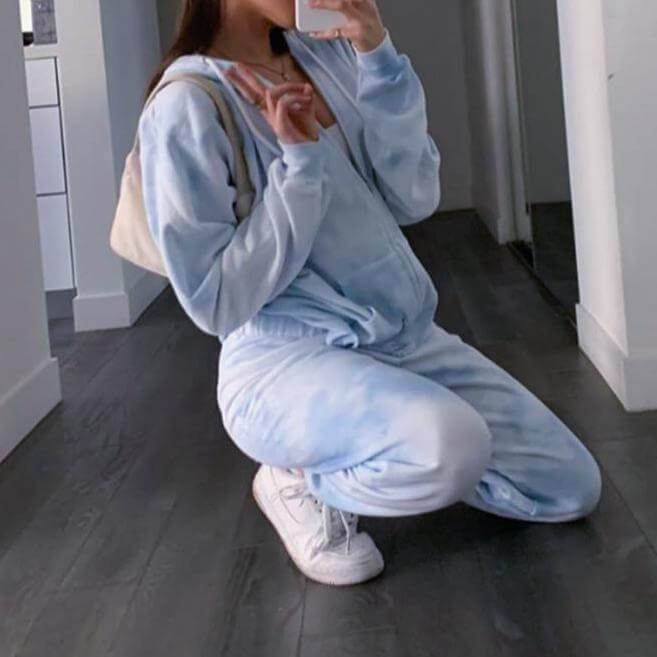 Casual Blue Print Loose High Waist Long Sleeve Zipper Two Pieces Set