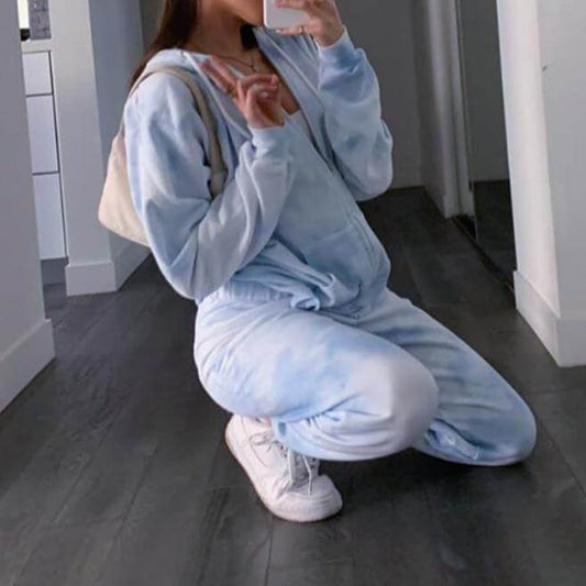 Casual Blue Print Loose High Waist Long Sleeve Zipper Two Pieces Set