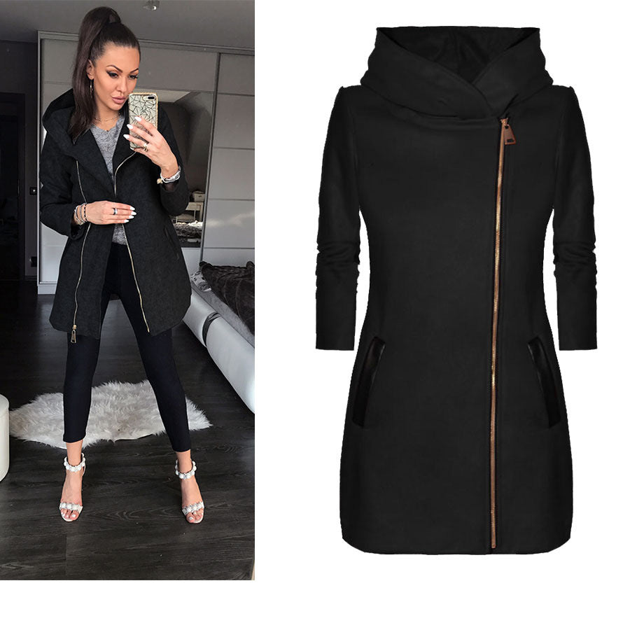 Slim Long Sleeve High Collar Side Zipper Long Hooded Coat