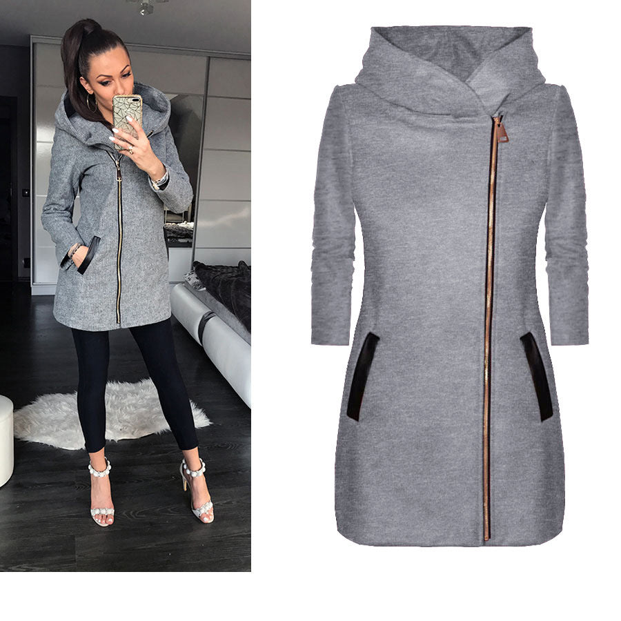 Slim Long Sleeve High Collar Side Zipper Long Hooded Coat