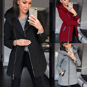 Slim Long Sleeve High Collar Side Zipper Long Hooded Coat