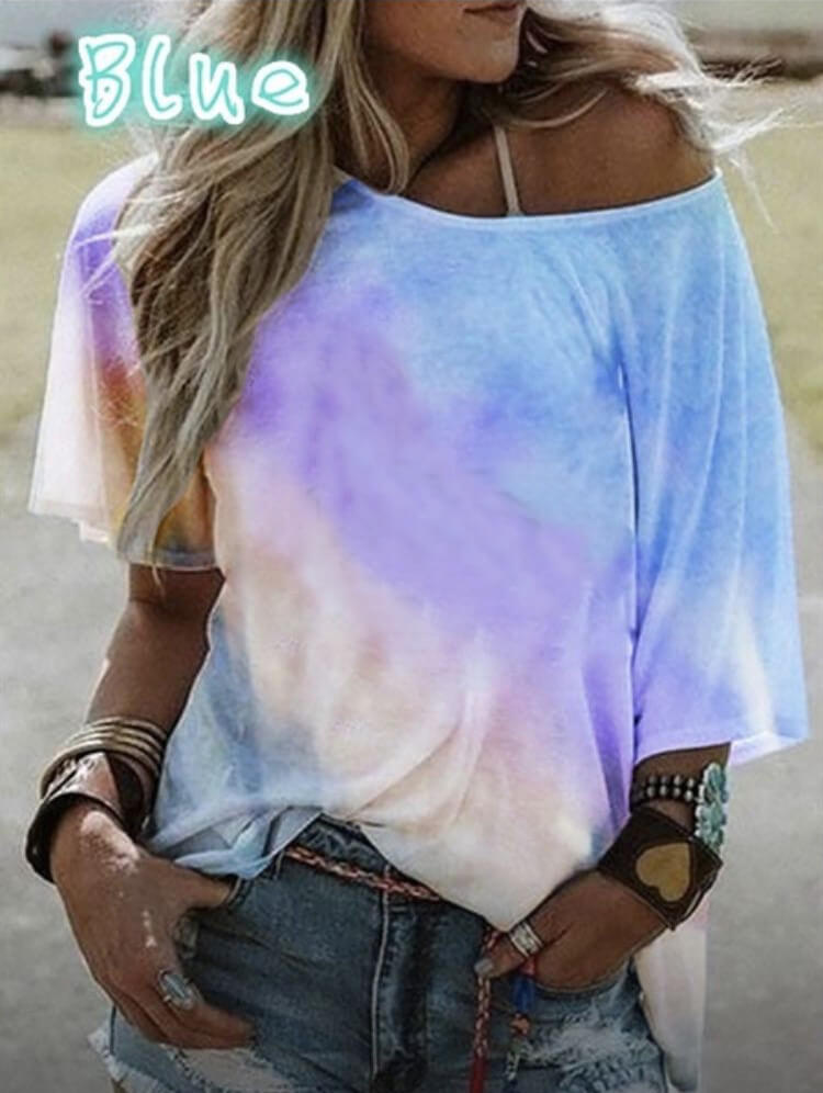 Summer Tie Dye Color Block Loose Bat T-shirts