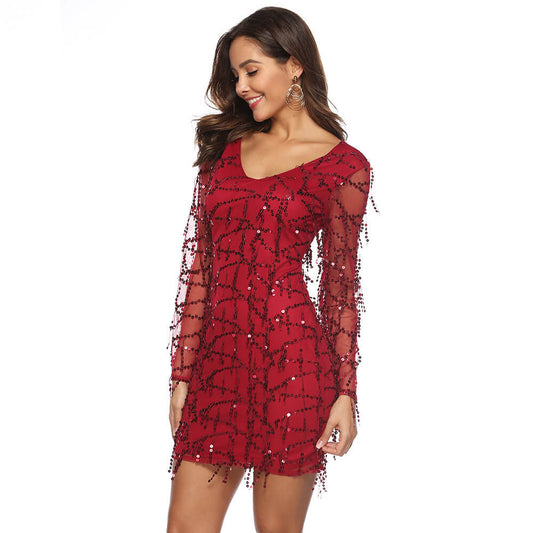 Sequin V Neck Fringe Short Dress