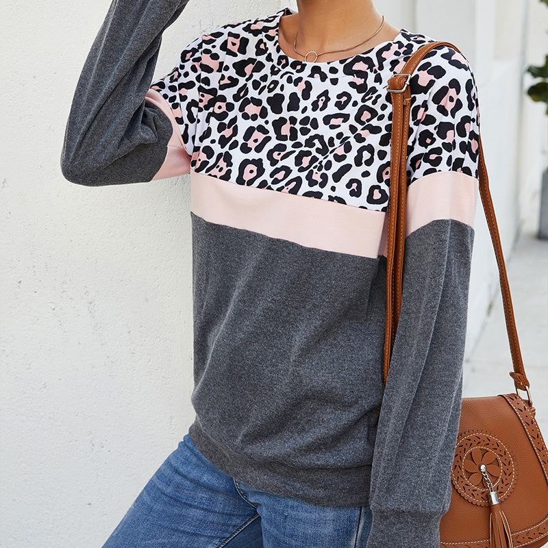 Leopard Pullover Crew Neck Patchwork Sweatshirts