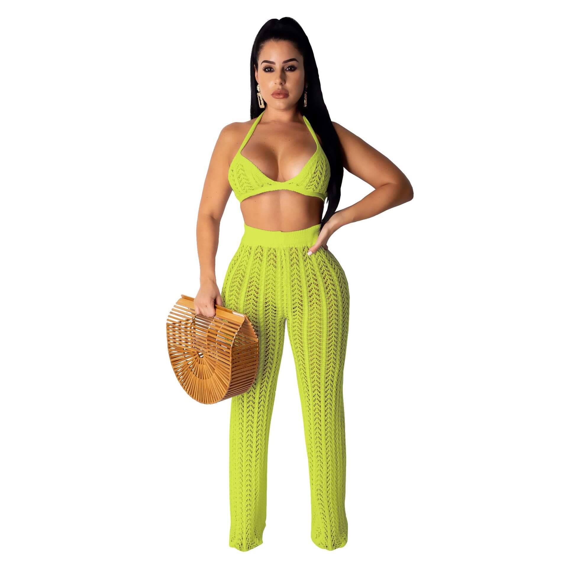 Spaghetti Straps Crop Top High Waist Bell Bottom Pants Set