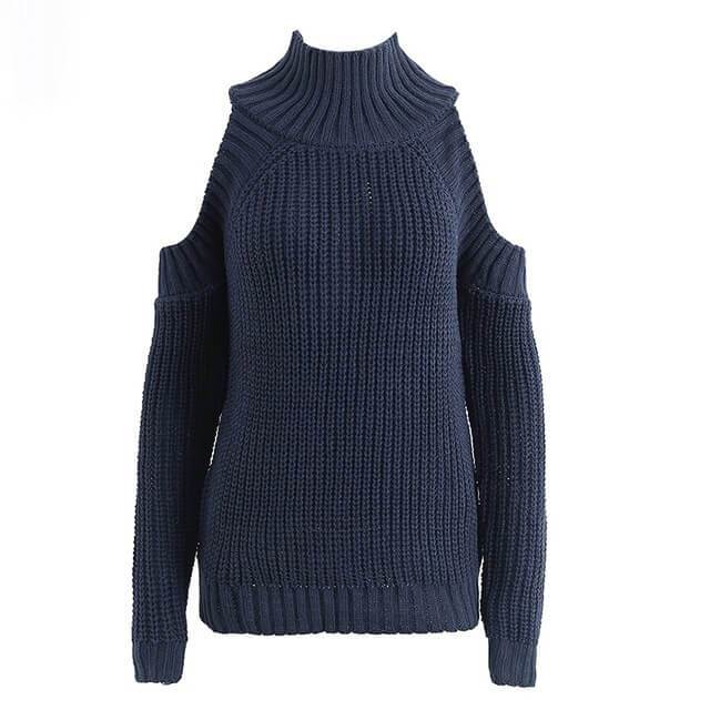 Cold Shoulder Knitted Soild Sweater