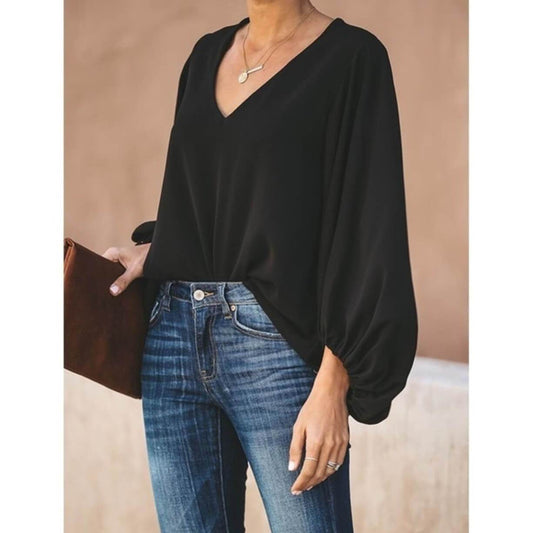 V-neck Loose Long Lantern Sleeves Blouse