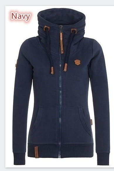 High Neck Zipper Drawstring Pocket Solid Color Slim Hoodie Coat