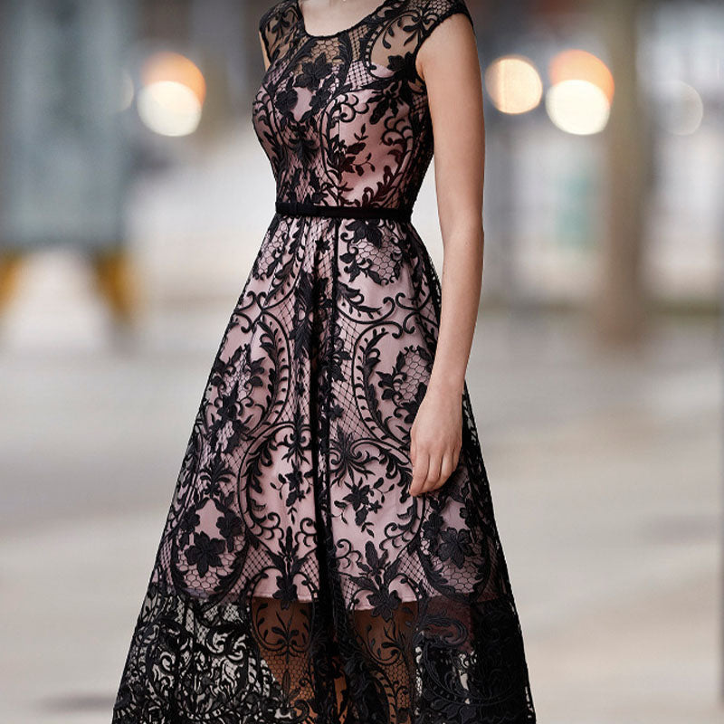 Sleeveless Black Lace Lined A Line Dress