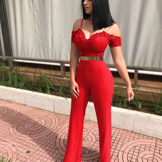 Lace Spaghetti Strap Bright Color Jumpsuits