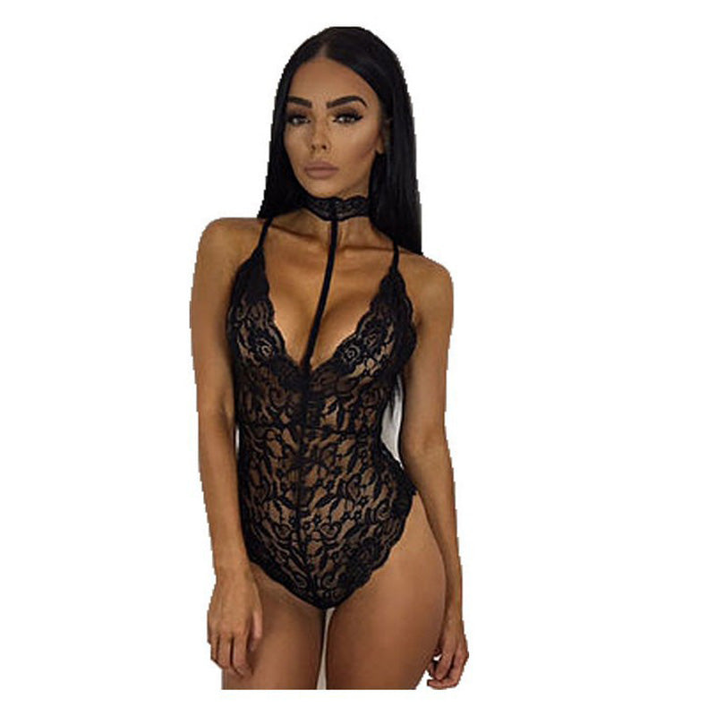 Sexy Lace Spaghetti Strap Halter Cutout Bodysuit