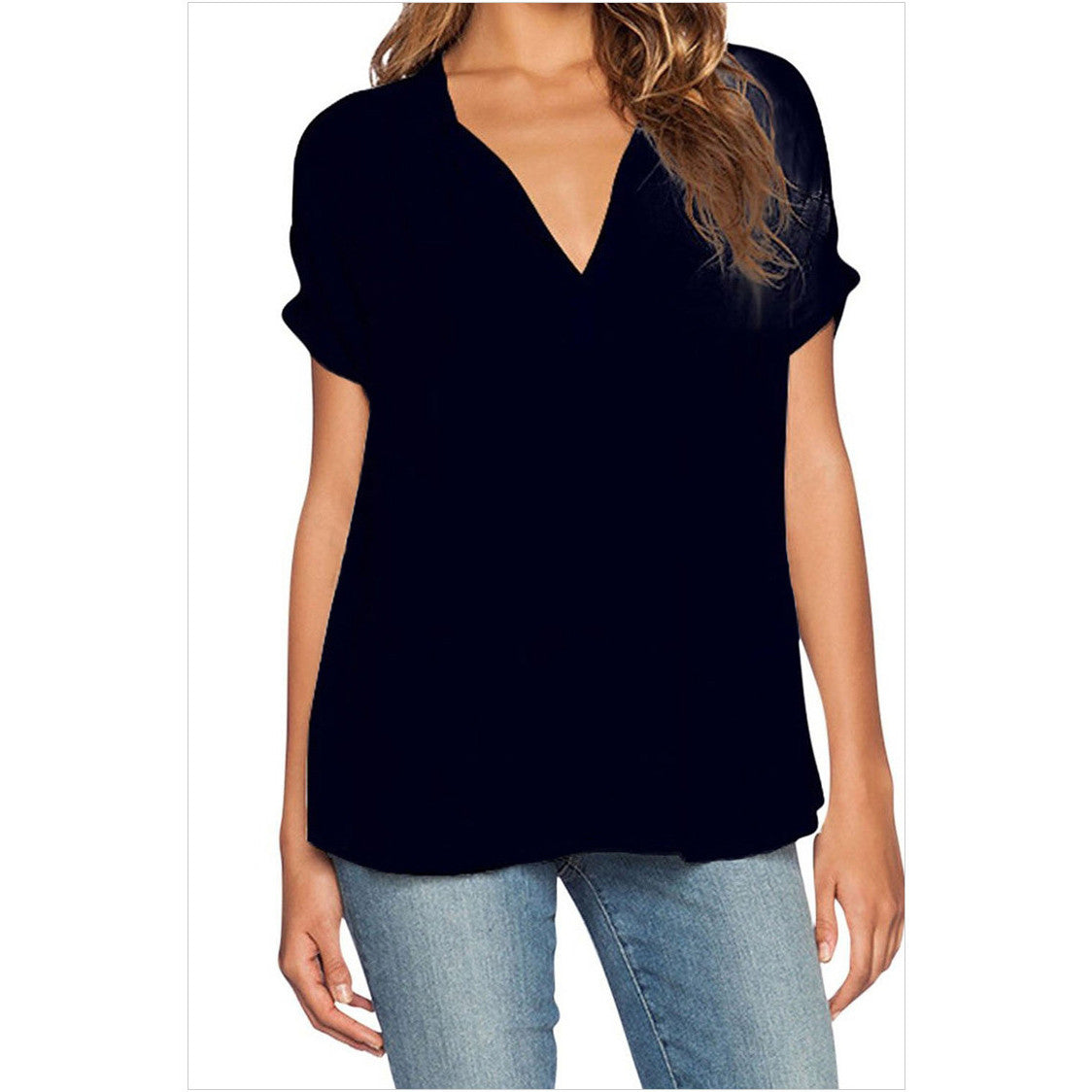 V-neck Pure Color Short Sleeves Loose Chiffon Blouse