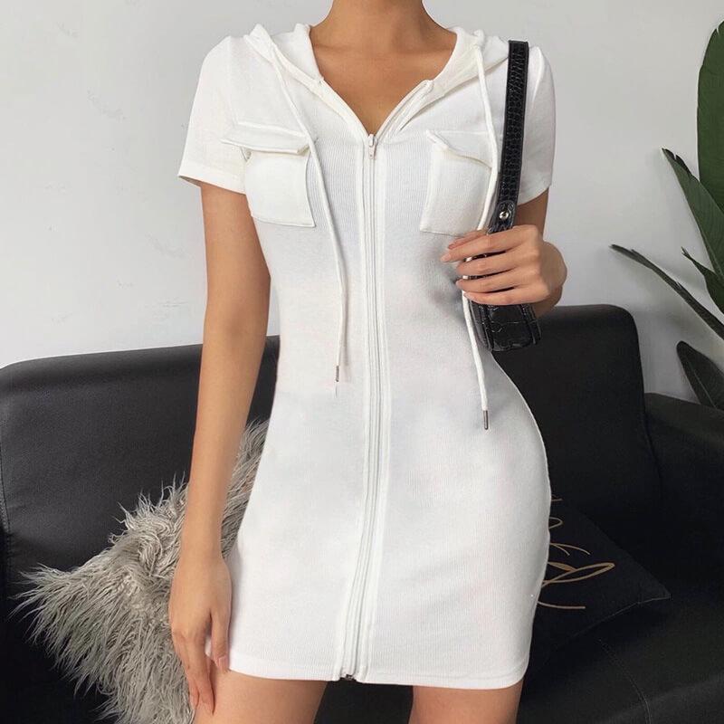 White Hooded Zipper Bodycon Dress