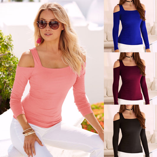 Slim Bear Shoulder Straps Pure Color Long Sleeves Slim T-shirt