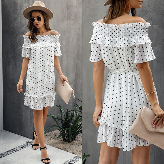 Polka Dots Off Shoulder Cotton A Line Dress