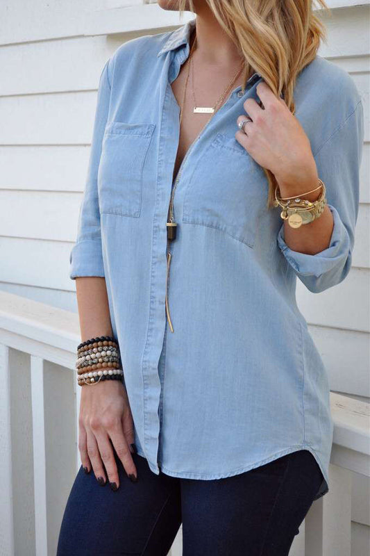 V-neck Pure Color Long Sleeves Denim Blouse