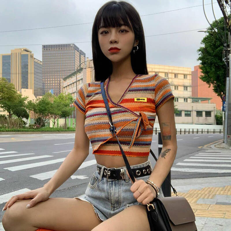 Summer Stripes Short Sleeve V Neck Cropped T-Shirts