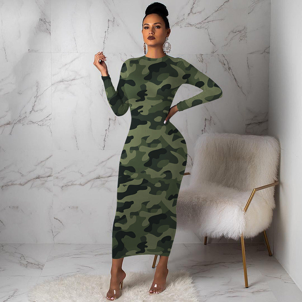 Camo Slim Bodycon Long Sleeve Dress